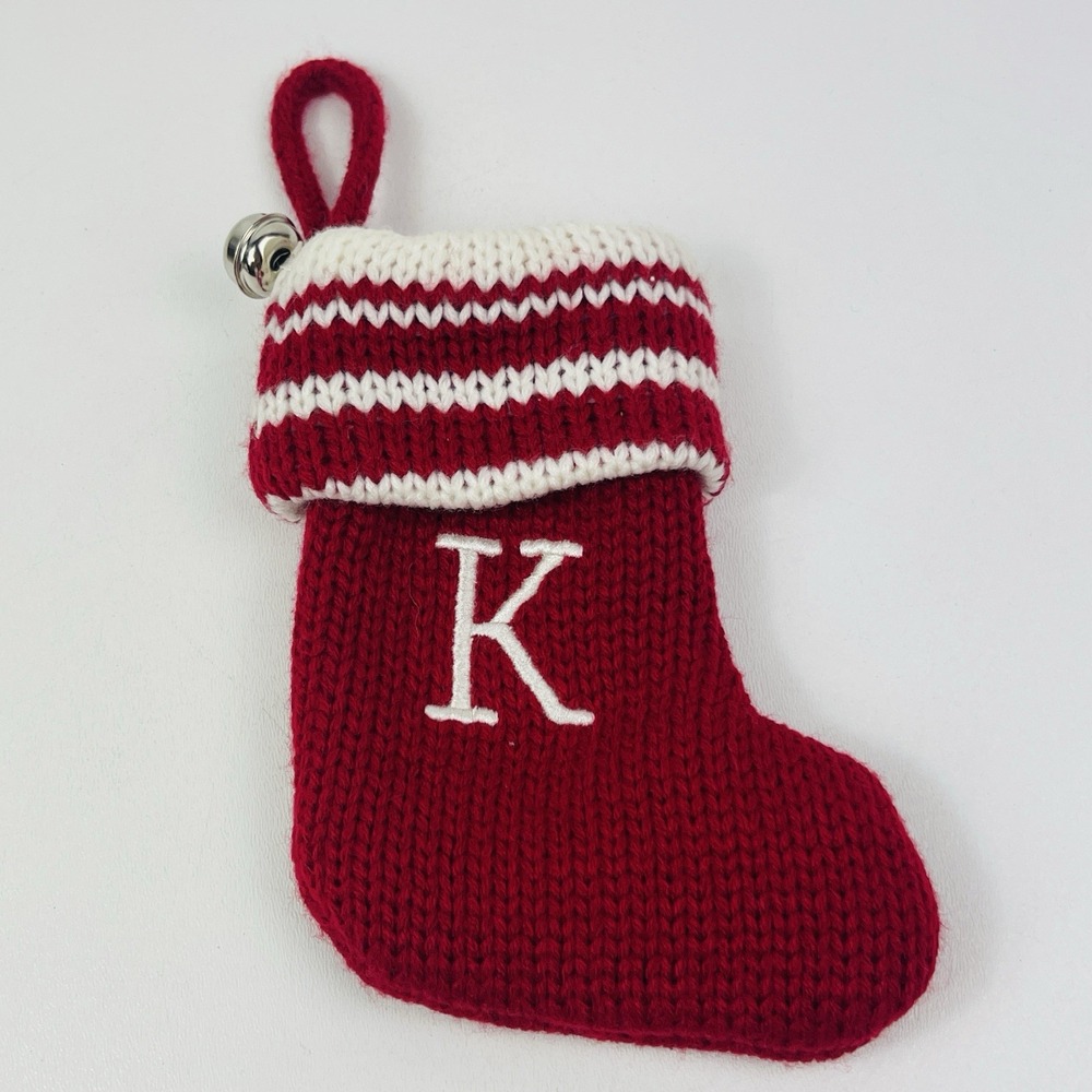Kohls Christmas Mini Stocking Red Knit Letter K  Monogram Bell 8"